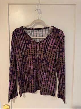 Women's V-Neck Long Sleeve Dot-Print Top in Purple and Brown